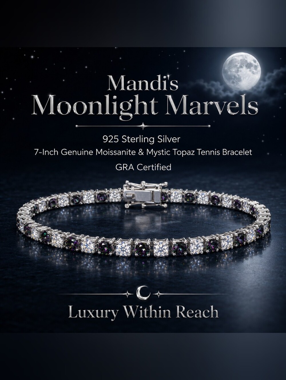 925 Sterling Silver Tennis Bracelet - Mystic Topaz & Moissanite, Purple/White